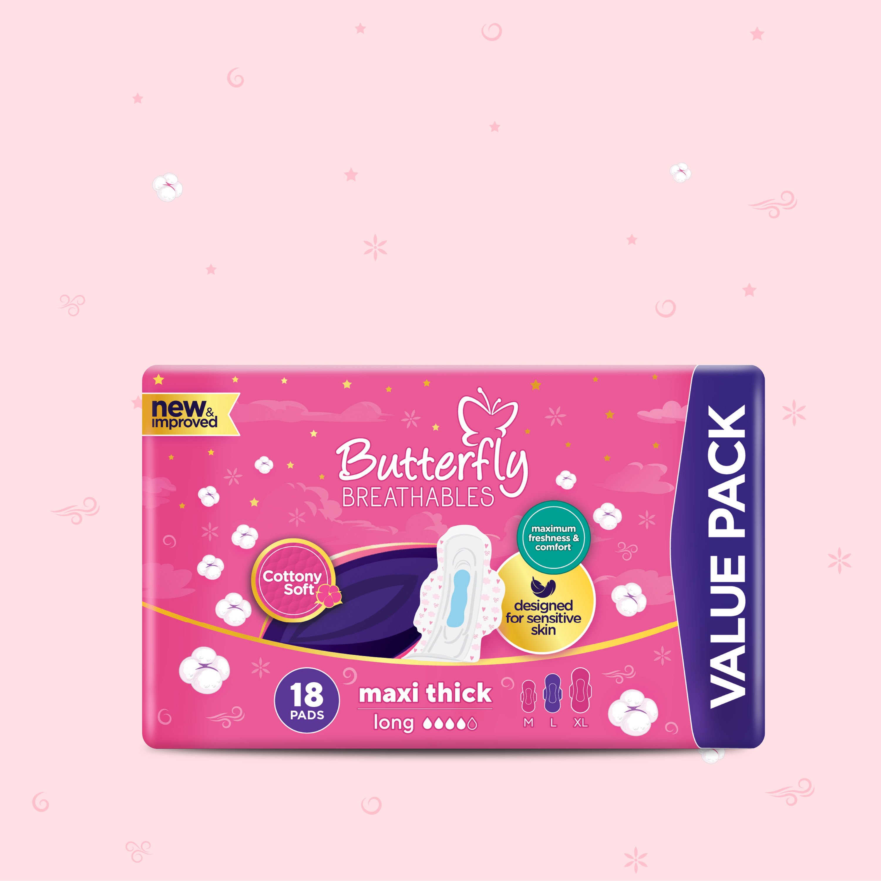 Butterfly Breathables Maxi Thick Cottony Sanitary Pads Long Value Pack 18 Pcs