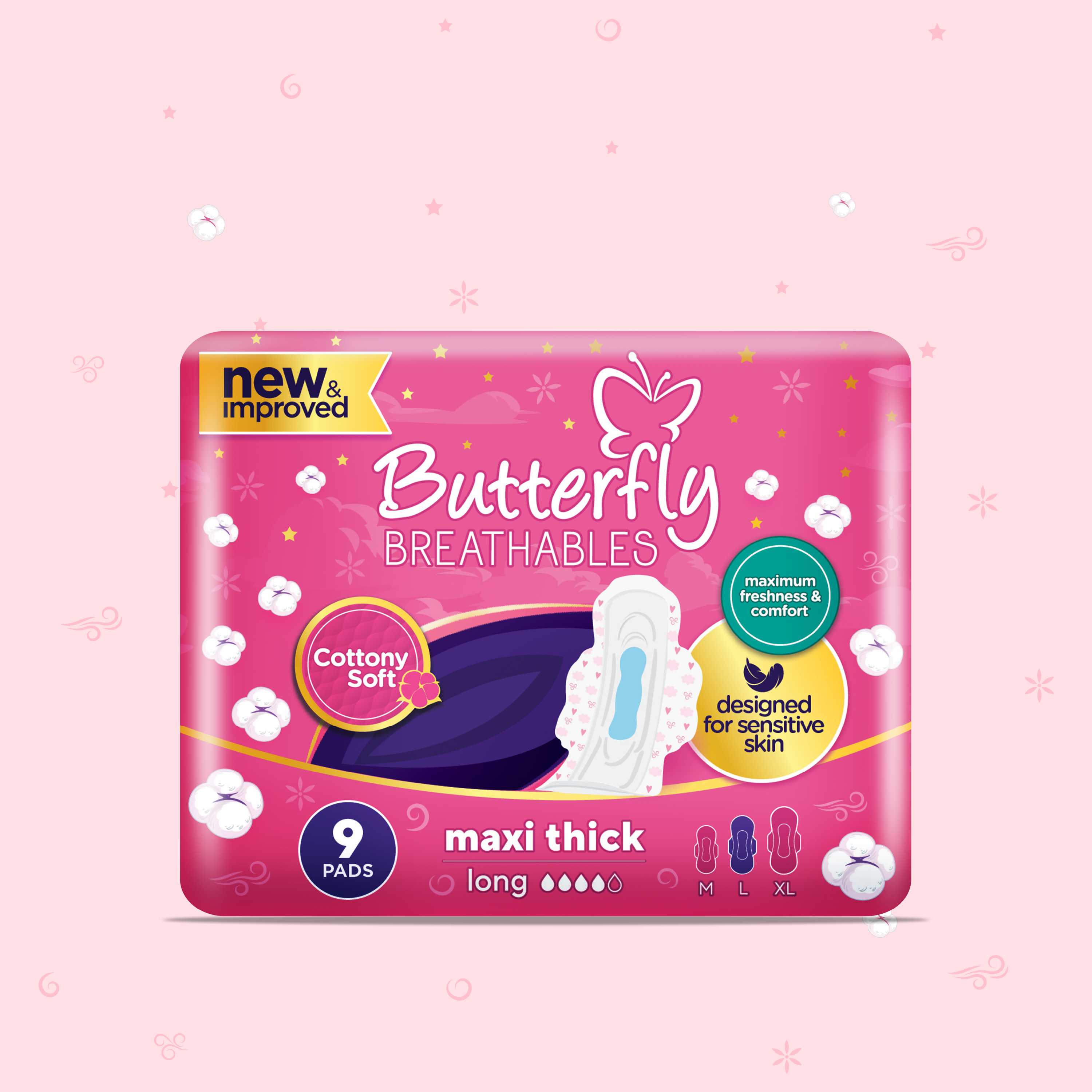 Butterfly Breathables Maxi Thick Cottony Soft Sanitary Pads Long 9 Pcs
