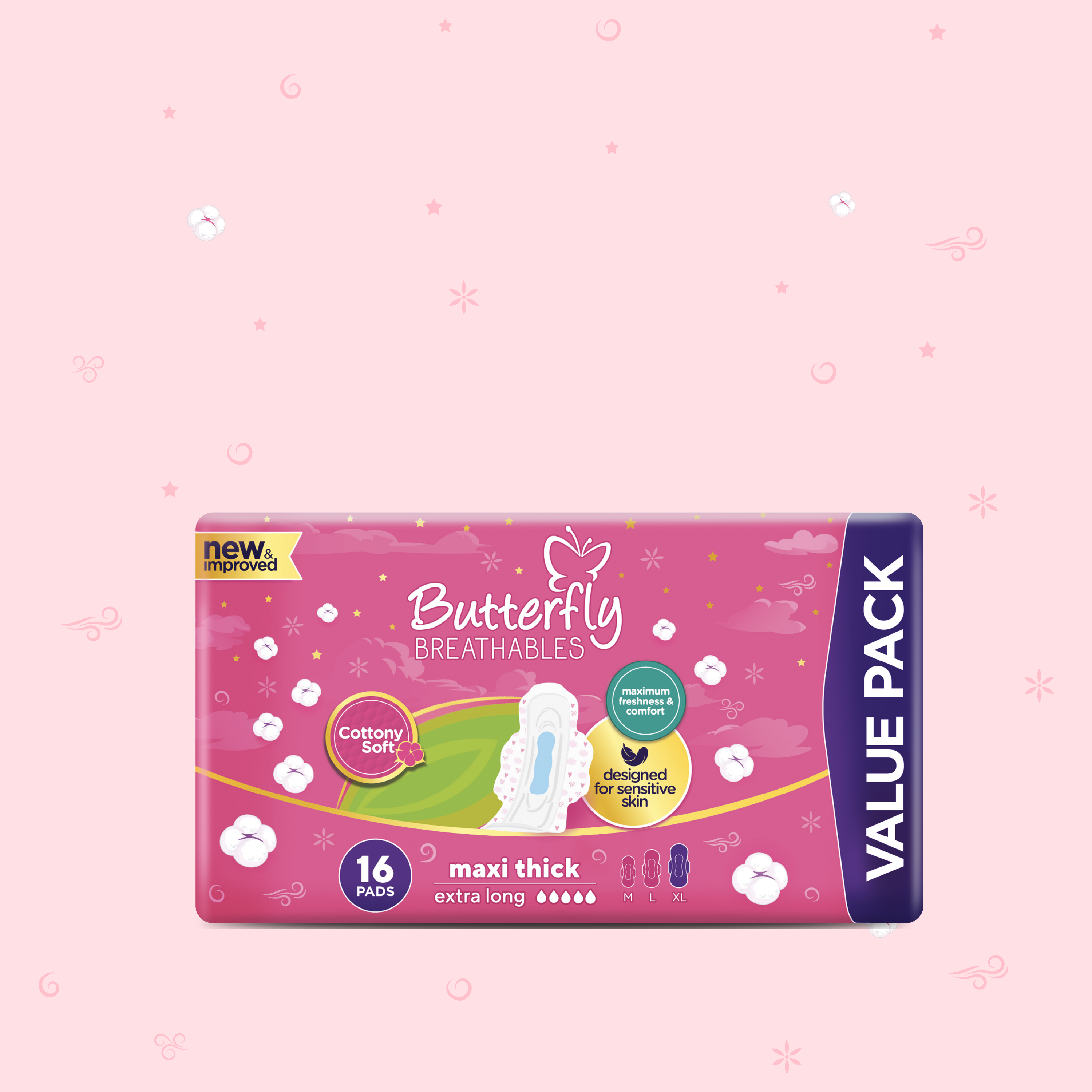 Butterfly Breathables Maxi Thick Cottony Sanitary Pads Extra Long Value Pack 16 Pcs