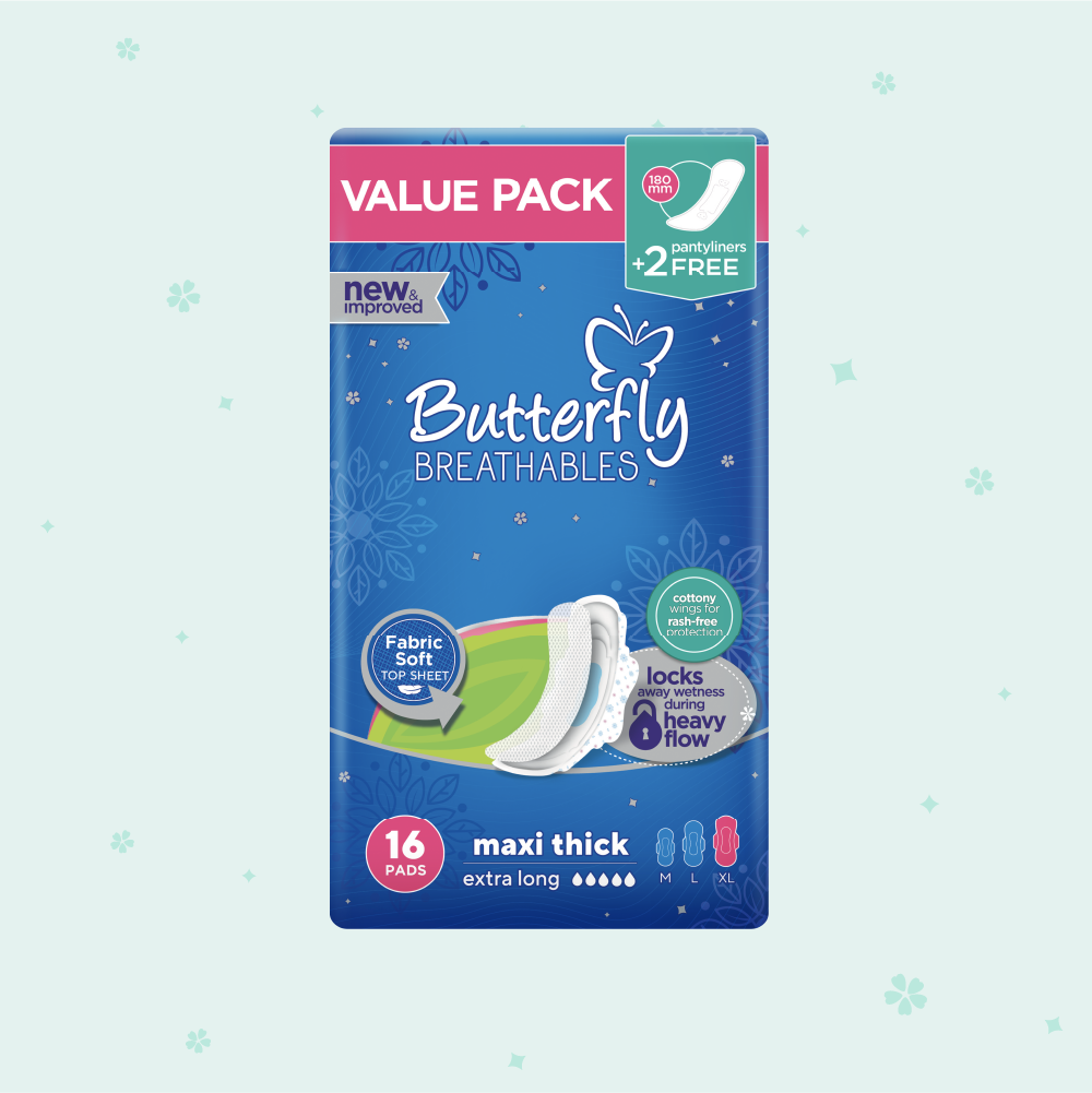Butterfly Breathables Maxi Thick Fabric Soft Pads Extra Long Value Pack 16 Pcs + 2 Free Pantyliners
