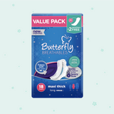 Butterfly Breathables Maxi Thick Fabric Soft Pads Long Value Pack 18 Pcs + 2 Free Pantyliners
