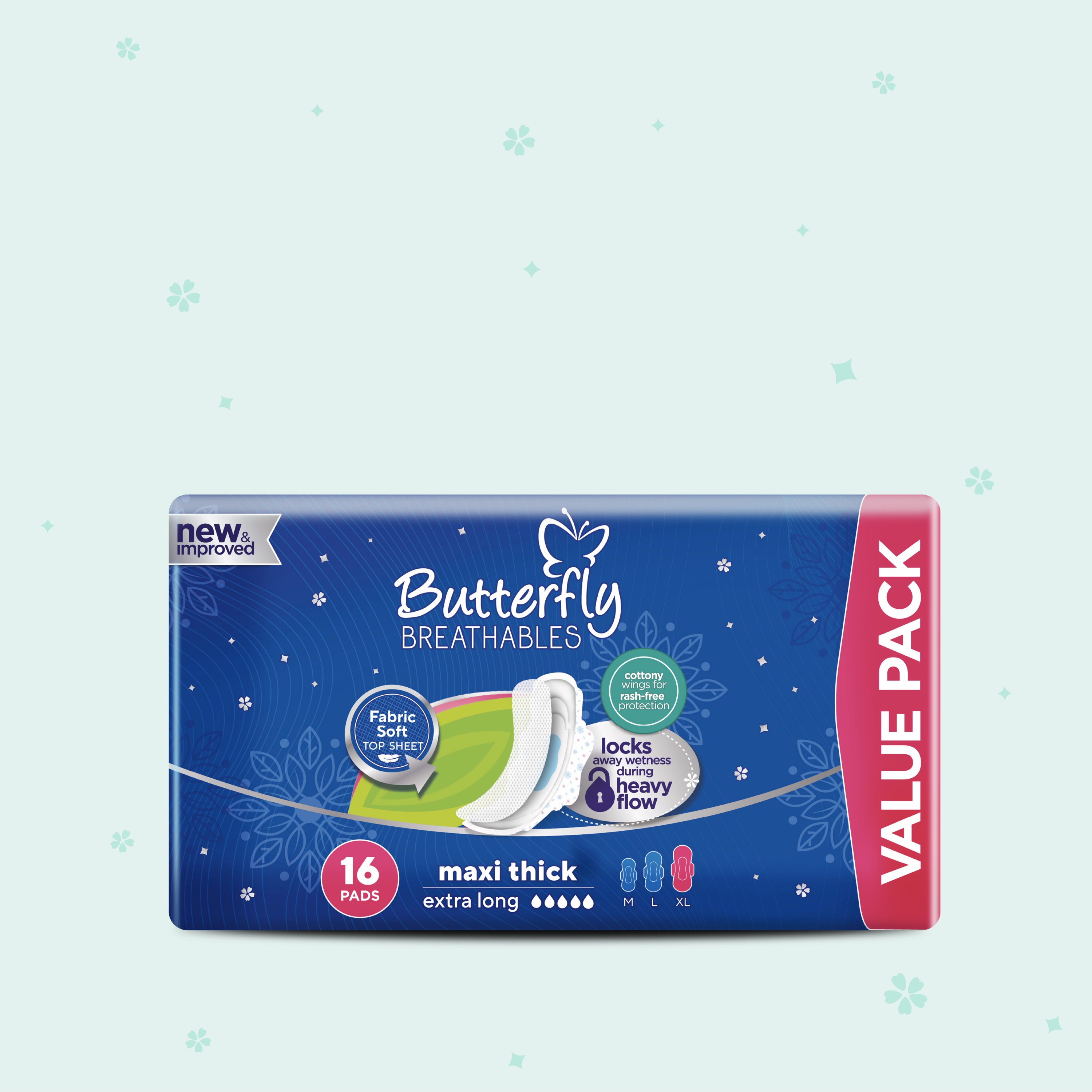 Butterfly Breathables Maxi Thick Fabric Soft Sanitary Pads  Extra Long Value Pack 16 Pcs