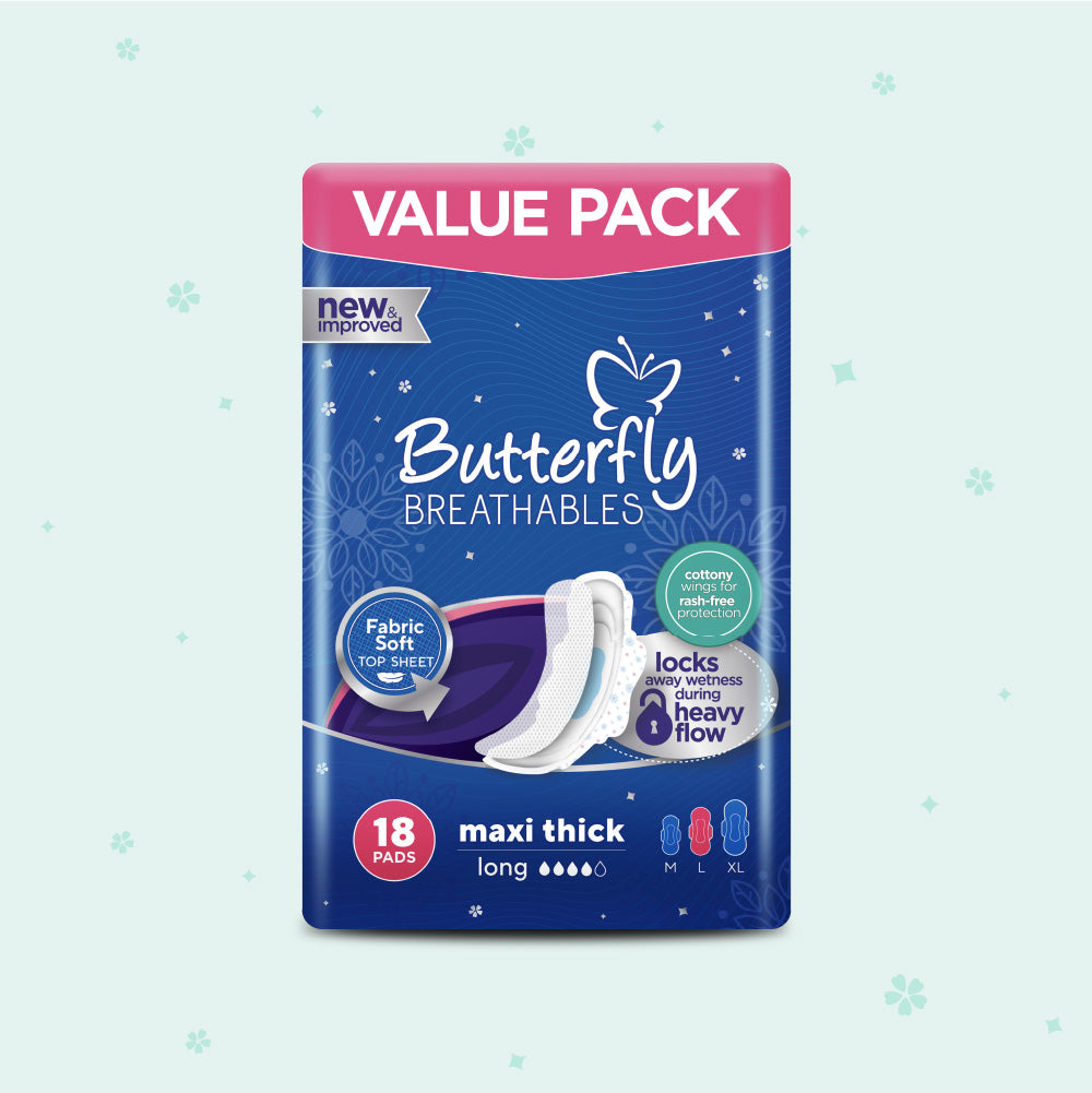 Butterfly Breathables Maxi Thick Fabric Soft Sanitary Pads Long Value Pack 18 Pcs
