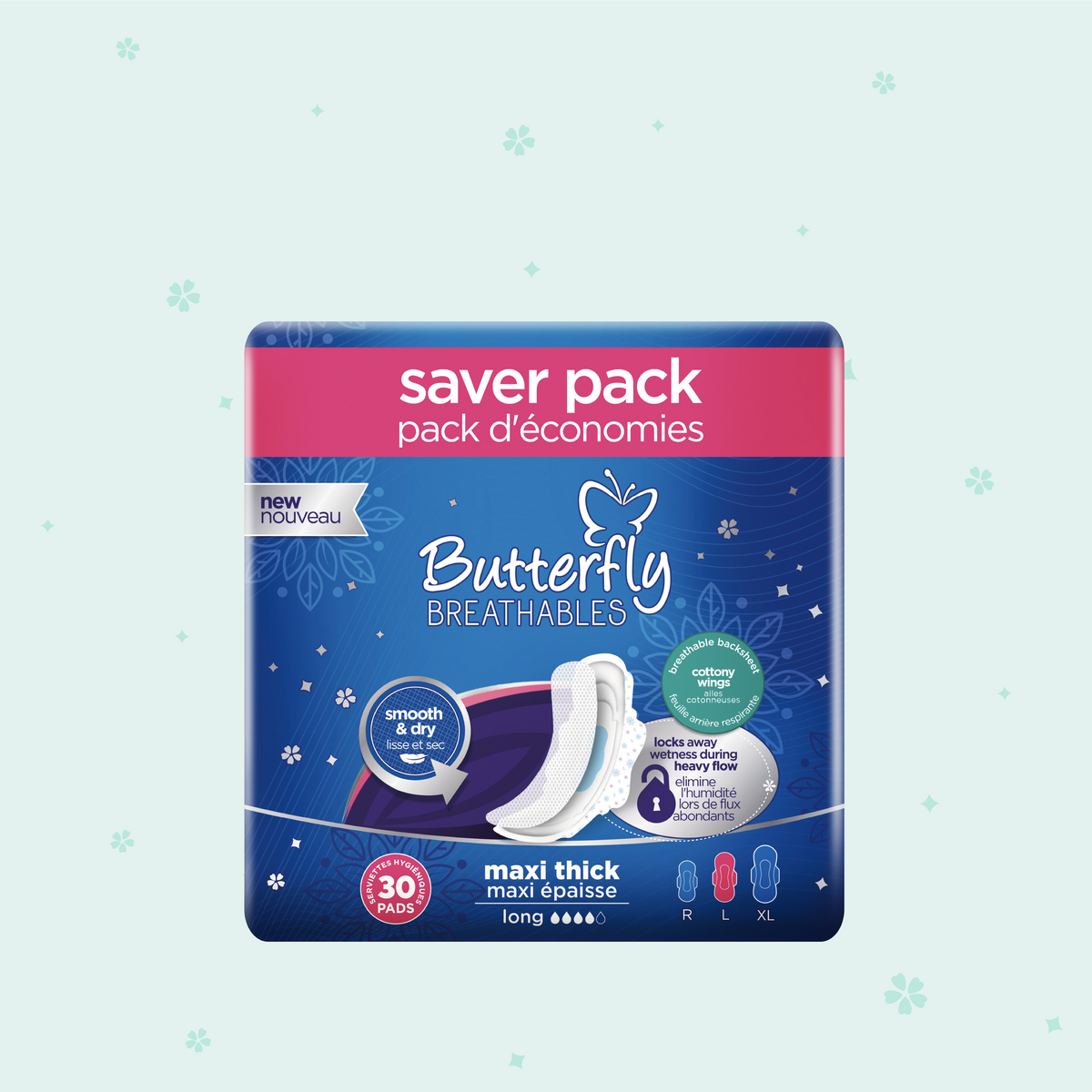Butterfly Breathables Maxi Thick Fabric Soft Sanitary Pads Long Trio Pack 30 Pcs
