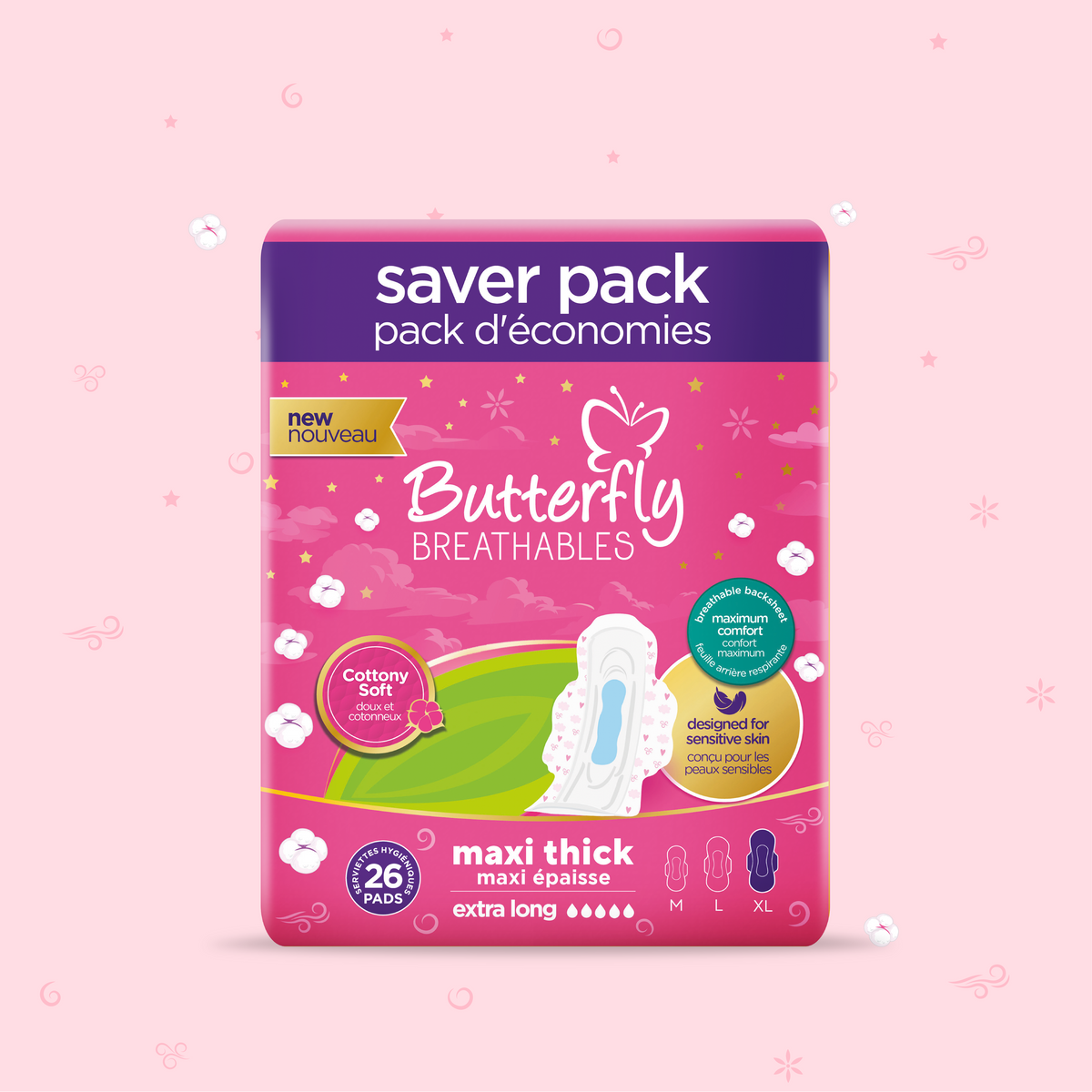 Butterfly Breathables Maxi Thick Cottony Sanitary Pads XL Trio 26 Pcs