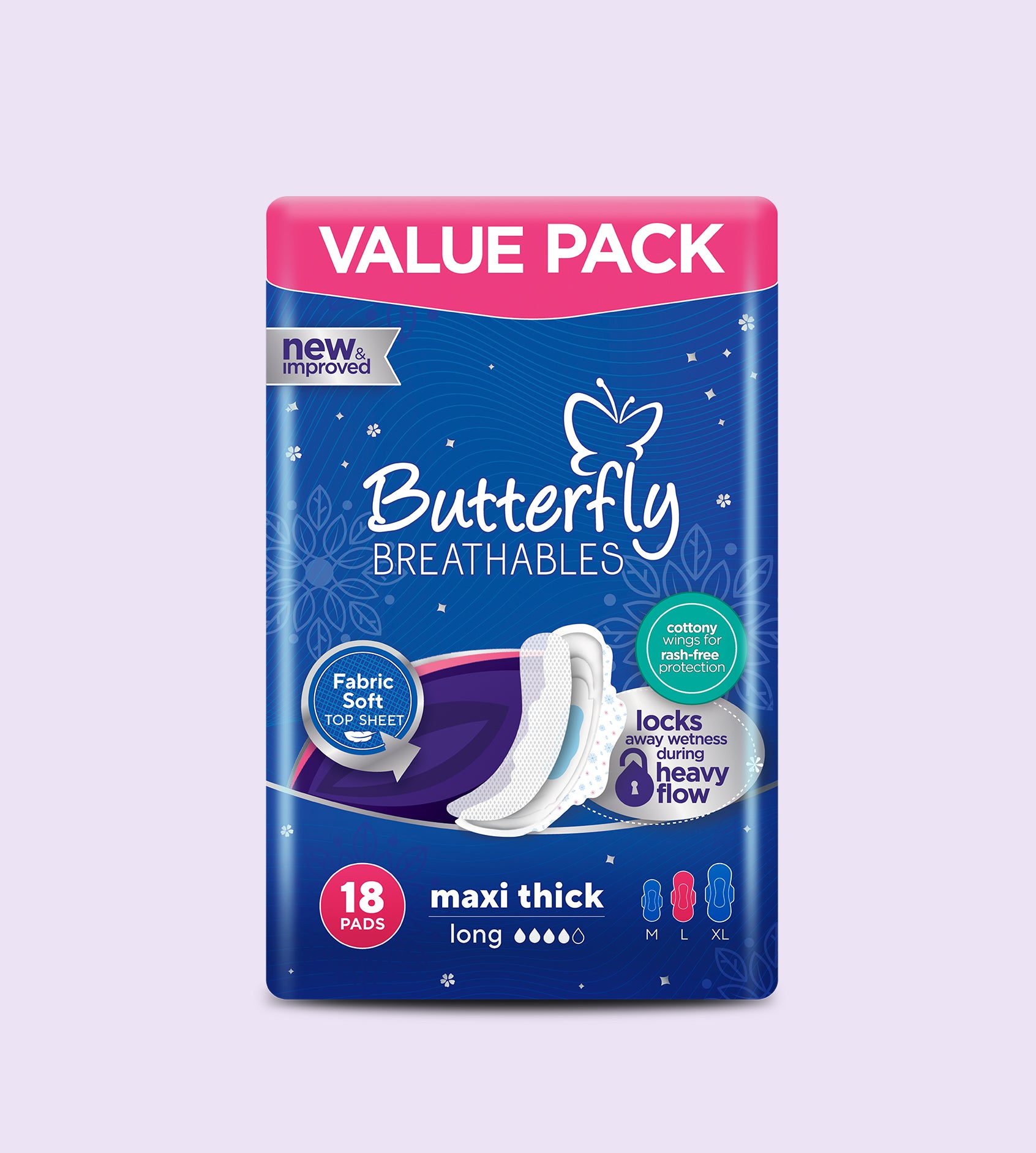Butterfly Breathables Maxi Thick Fabric Soft Sanitary Pads Long Value Pack 18 Pcs