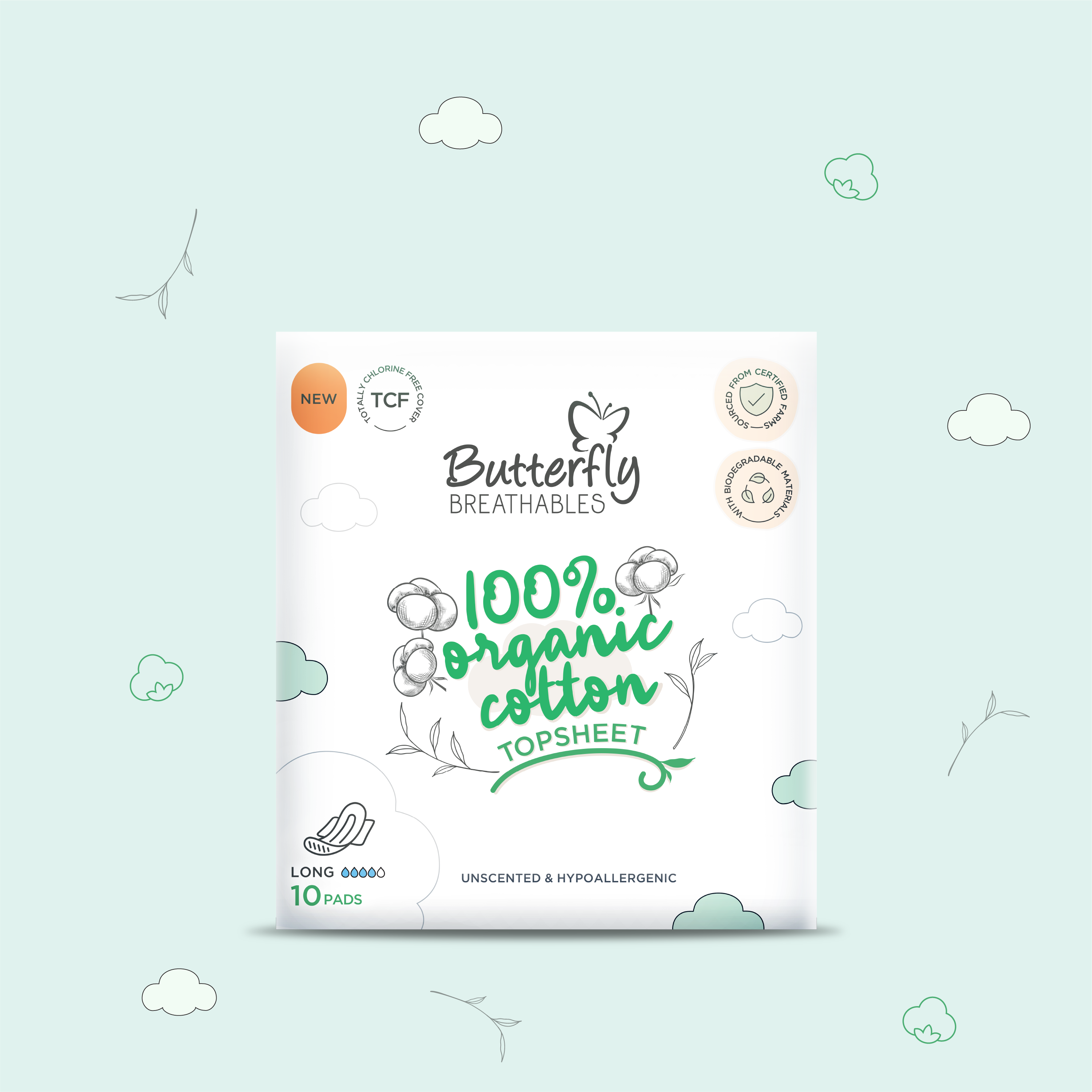 Butterfly Breathables Organic Cotton Sanitary Pads Long 10 Pcs