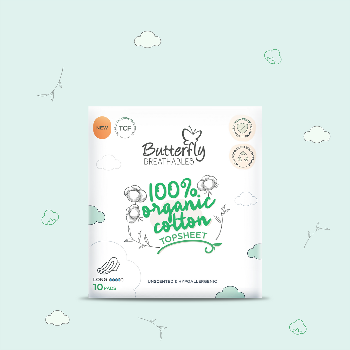 Butterfly Breathables Organic Cotton Sanitary Pads Long 10 Pcs