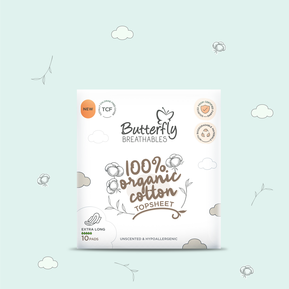 Butterfly Breathables Organic Cotton Sanitary Pads Extra Long 10 Pcs