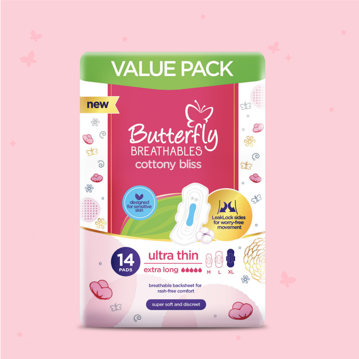 Butterfly Breathables Ultra-Thin Cottony Sanitary Pads  Extra Long Value Pack 14 Pcs
