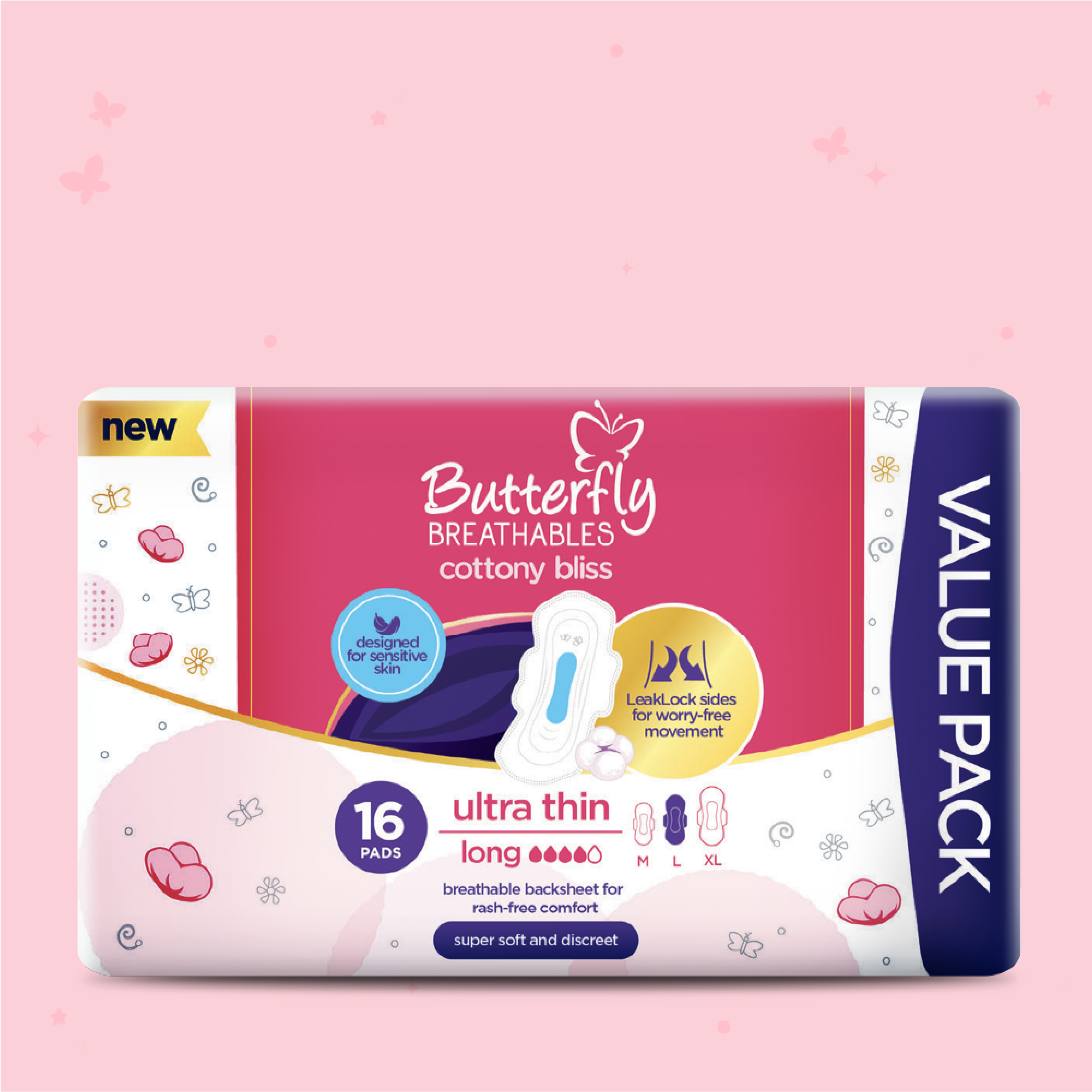 Butterfly Breathables Ultra-Thin Cottony Sanitary Pads Long Value Pack 16 Pcs