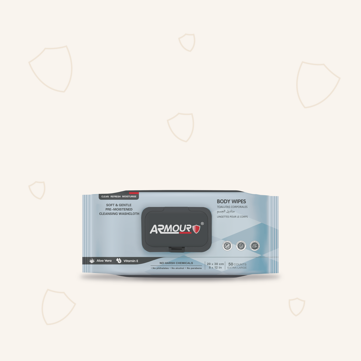 Armour Body Wipes Soft & Gentle Pre-Moistened Full Body Cleansing Wipes Extra Large 50 Pcs